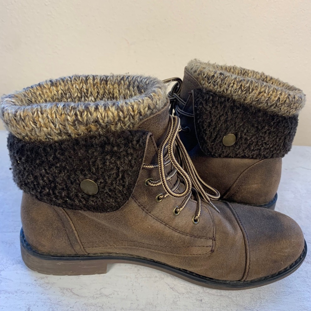 White Mountain 10M Duena Ankle Boots Brown Faux Fur Knit Trim Cap Toe Lace Up